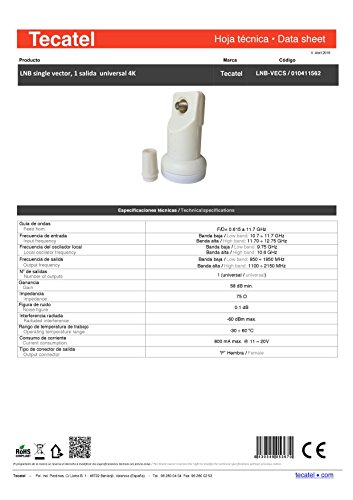 Tecatel - Kit parabólica 60 cm, soporte, LNB Universal, cable y 2 conectores F, Blanco