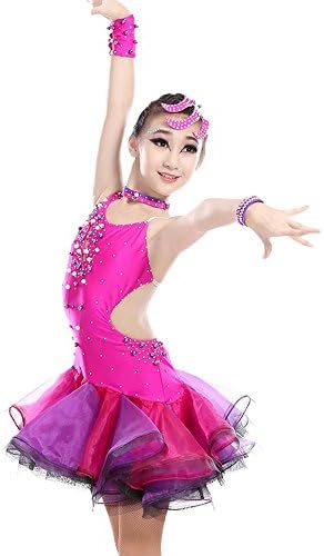 YI WOELD Girl Latin Dance Clothing woman Siamese Spandex dress red rose Red , Pink , 160cm