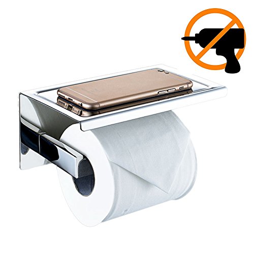 newpointer Toilettenpapierhalter, Angle Simple selbstklebend & Wand montiert SUS 304 Edelstahl Toilettenpapierhalter Aufbewahrung Badezimmer Papier Tissue Rolle Kleiderbügel mit Handy Ablage, poliert
