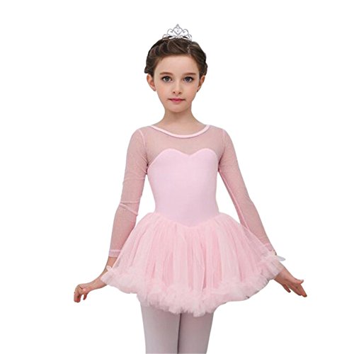 Moresave - Vestido de mangas largas de ballet para niñas, con falda de tutú, vestido para gimnasia y baile, todo el año primavera/verano, niña, color rosa, tamaño 150