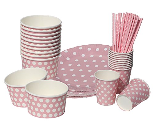 Partyset Geschirr 61 Teile - Teller, Becher, Trinkhalme, Eisbecher mit Sternen und Punkten