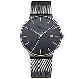 BesWLZ Herren Uhr Analog Quarz Datum Kalender Wasserdicht mit Edelstahl Armband 00-2 Schwarz