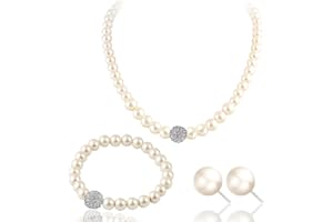 TOFBS Perlen Schmuckset für Damen Mädchen Perlen Anhänger Halskette Ohrringe Armband Set Perlenkette Weiß Perlen Ketten Perlenarmband Perlenohrringe Brautschmuck Set