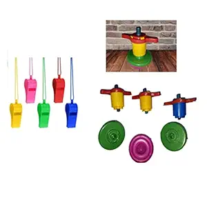 IMTION 2 in 1 ( 2 Pcs Whistle seeti Toys + 3 Pcs Hand Click Lattu Toys Multi Color ) Birthday Return Gift for Boys and Girls