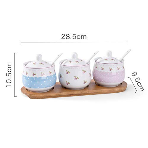 CWLLWC Spice Jars Box,Kitchen Ceramic Condiment Storage Container and Tray Household Salt Sugar msg Spice Jars Box Three-Piece Set
