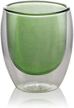 Double Wall Green Glass Cup (80ml) - Set of 4 Tea Cups - Handmade Gift Box - High Quality Glass