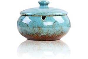 Airmsa Cendrier en Céramique avec Couvercles, Cendrier Coupe-Vent pour Cigarettes à Usage Intérieur ou Extérieur, Cendrier de Bureau pour la Maison ou Le Bureau(Bleu)