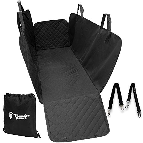 Thunderpaws Premium Pet Car Seat Cover - Waterproof Heavy-Duty Material with Side Flaps - Machine Washable Quilted Design with Seat Belts (2-pack) and Carry Bag (Black)