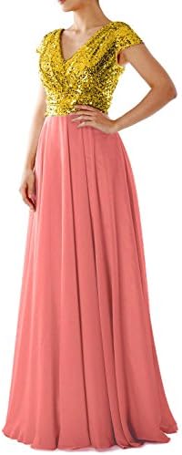 Carnivalprom Women's Cap Straps Sequins Bodice V Neck Floor Length Bridesmaid Dress Evening Prom Ball Gown, Gold-Koralle, Customization