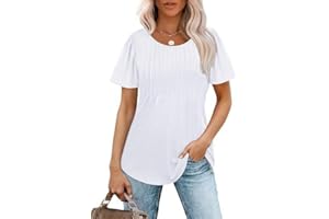 Placitiume Women's Short Sleeve T-Shirts Pleated Scooped Neck Dressy Casual Summer Tops Blouses