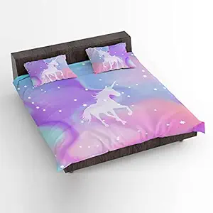 Hopcara Kids Velvet Designer Unicorn Printed Double King Size Bedsheet with 2 Matching Pillow Covers (100x100 Inches)