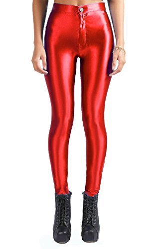 NEW LADIES AMERICAN DISCO SHINY LEGGING TROUSER STRETCHY 2 POCKETS BUTTON DETAIL (12, RED)