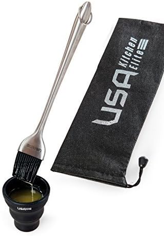 Grill Basting Brush | Folding Cup | Storage Bag By USA Kitchen Elite - 12 Inch Stainless Steel Handle With Silicone Bristles - Baste Food On The Grill With Ease - Ideal Pastry Brush &amp; Barbecue Brush by USA Kitchen Elite