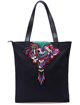 Amoyie Moda Hobo Bag Schwarz mit Stickerei Reise Shopper Tasche Groß Henkeltaschen Wasserdichter Nylon Schultertasche...