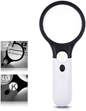 Magnifying Glass, Lnkey Magnifying Glass with Light for Reading, 3X and 45X Hand Magnifier with 3 LED Light for Seniors, Reading, Inspection, Hobby, Craft, Watchmaker, Coins, Stamps, Antiques, Jewelry