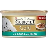 Gourmet Gold Katzenfutter Zarte Häppchen in Sauce mit Lachs und Huhn, 12er Pack (12 x 85 g) Dosen