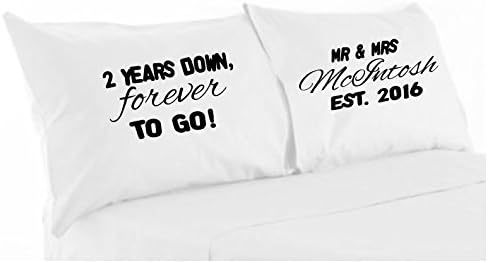 pretty little customs Personalised pillowcase pair set-2 years down forever to go 2nd anniversary cotton gift wedding bride groom your name and date