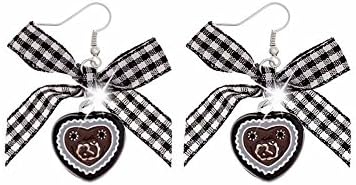 Costume Oktoberfest Earrings Dirndl Gingerbread Heart Pretzel Heart Gingham Check Bow Black (11148)