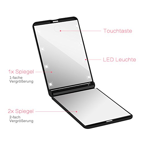 GHB Faltbar Kosmetikspiegel mit 8 LED Beleuchtung Doppelseitiger Schminkspiegel mit 1 und 2-facher Vergrößung Schwarz - 3