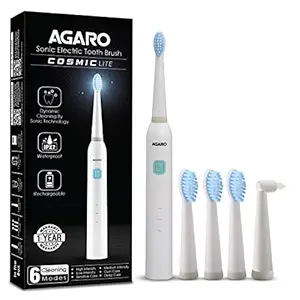 AGARO COSMIC Lite Sonic Electric Toothbrush for Adults with 6 Modes, 3 Brush Heads, 1 Interdental Head and Rechargeable with 3.5 Hours Charge Lasting up to 25 Days, Power Toothbrush, (White) (33542)