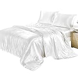 Parure de Lit 2 Personnes en Soie Satinée Multi-Color Motif Vintage Orientale 4 Pièces avec 2 Taies d'oreiller, 1 Drap, 1 Housse de Couette Multicolore Luxueux Naturel (Blanc, 220x240cm)