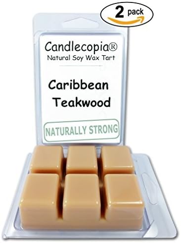 Caribbean Teakwood 6.4 oz Scented Wax Melts Top notes of leather, amber and musk followed by a spicy mixture of black tea, pepper and then aged teakwood with tones of patchouli and sandalwood 2Pack of naturally strong scented soy wax cubes throw 50+ hours of fragrance when melted in Scentsy®, Yankee Candle® or standard electric tart warmer