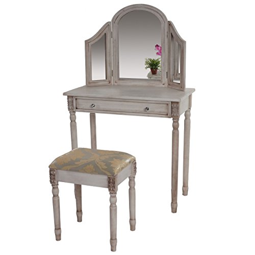 Mendler Schminktisch Gela T434, Frisiertisch mit Hocker Kosmetiktisch, Barock Antik 140x77x42cm ~ Antik-Weiß