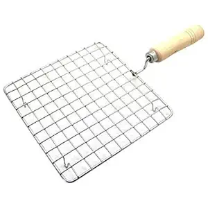 Elysian Choice Big Stainless Steel Square Roaster, Tandoor Paneer Roti Roaster Net Jali, Papad Jali, Barbecue Grill with Wooden Handle