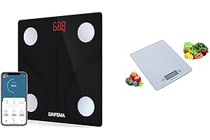 GRIFEMA GA2001, Balance Pese Personne, Pèse Personne Impédancemètre avec Bluetooth & OHMEX OHM-BAL-7001KTC - Balance de Cuisine Tactile - Mesure de Haute Précision - Capacité Max 5 Kg - Blanc