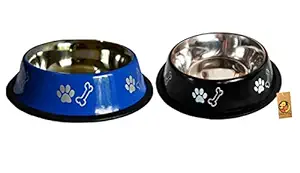 Foodie Puppies Stainless Steel Combo Offer Paw Bone Printed Night Black and Azure Blue Food Water Feeding Bowl for Dogs & Puppies (Medium, 700ml Each)