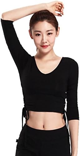 Wgwioo Women Sportwear Quick Dry Running Yoga Performance T-Shirt Top Gym Workout Clothes Round Neck 3/4 Sleeve Drawstring . Black . L