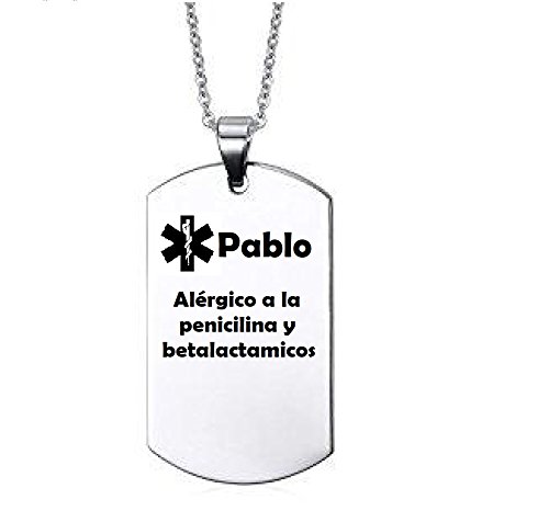 Bolboreta Valente Collar personalizable personalizado alergia enfermedades alergias identificación Acero Alerta Médica plata