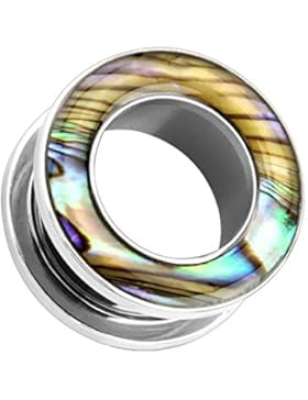 Paula & Fritz® Tunnel mit Schraubverschluss aus Edelstahl Chirurgenstahl 316L von Perlmutt umrandet 5mm – 16mm...