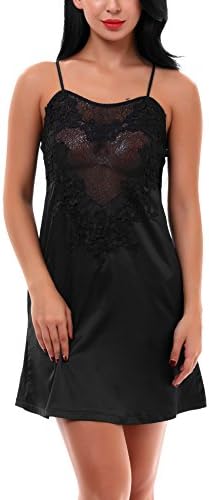 Yulee Women Sexy Lingerie Satin Sleepwear Lace Chemise Mini Teddy Black, S