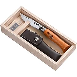 Opinel - N°08 Carbone et Étui Alpine - Couteau Pliant de Poche Carbone - Couteau de Poche Lame en Acier Coffret Bois Couteau - Lame Acier 8,5 cm et Manche en Bois