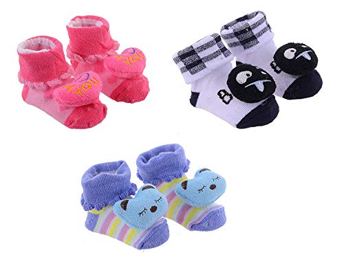 Clastik Cartoon Face Socks for Baby Girl and Boy (0-12 Months,Multicolor) Pack of 3 Pairs Color and Design May Vary
