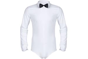 Hedmy Mens Long Sleeve Zipper Latin Modern Dance Leotard Dress Shirt with Bowtie One-Piece Romper Dancewear Costume