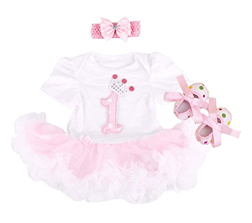 Baby Girls' 1st Birthday Tutu Romper Dress Outfit with Headband Shoes Pink (Pack of 3) (Pink)