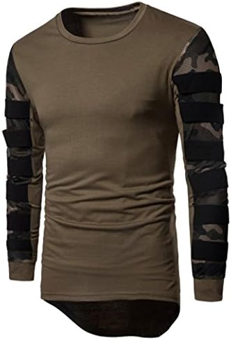 Men Long Sleeve Camouflage Polo T Shirts, Mens Casual Stiching Shirt Tops Autumn Winter Irregular Long Tee Jumper Cotton O Neck Blouse Sweatshirt (Coffee, M)