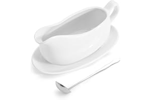 LoeJan 14OZ Gravy Boat with Spoon, Ceramic Sauce Serving Dish, Easy-Pour Big Dripless Lip Spout Serveware Set for Salad Cream Milk Broth Black Pumpkin Thanksgiving