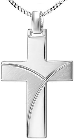 CLEVER SCHMUCKsilver pendant with big wide cross of 30 mm, curved shape, in diamond cut, matte and shiny, combined with a curb chain of 45 cm made of 925 sterling silver