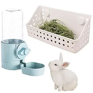 Hamiledyi Rabbit Hay Feeder,Bunny Water Fountain Automatic Guinea Pigs Hay Food Feeder Bowls Manger Rack 17oz Hanging Gravity Drinking Feeder for Ferrets Chinchillas (Blue)