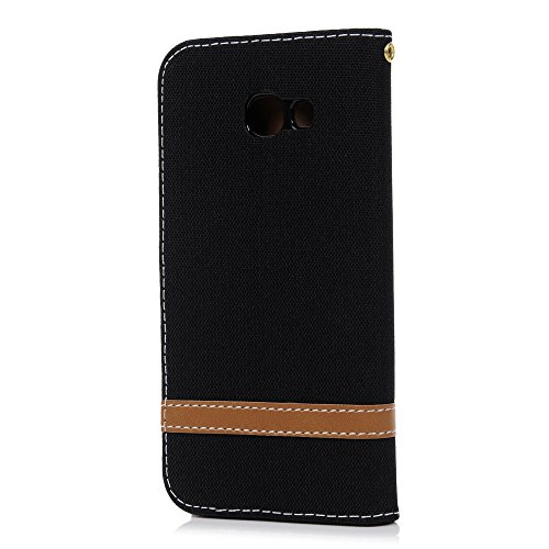 Lanveni A5 2017 Hülle, Handyhülle für Flip Case Cover Denim+PU Lederhülle Schutzhülle Magnetverschluss Ledertasche mit Stander Function Brieftasche Card Slot Handy Tasche mit Bunte Gemalt Design für Samsung Galaxy A5 2017 Hülle (Schwarz) + 1 x Stylus Stift + 1 x Schutzfolie - 4