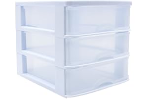 CABLEPELADO Torre de almacenamiento con 3 cajones sobremesa, Organizador de escritorio, Caja de almacenamiento de escritorio,18 cm alto x 17.7 cm ancho x 21.5 cm fondo, Blanco y cajones transparentes