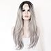 24" Black&Gray Long Wavy Lady Fashion Daily Heat Resistant Lace Front Hair Wig