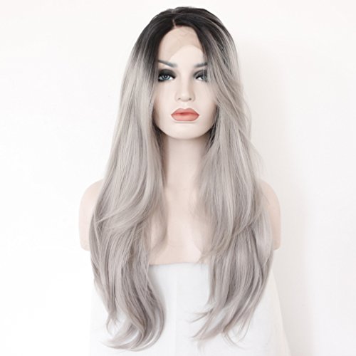 24" Black&Gray Long Wavy Lady Fashion Daily Heat Resistant Lace Front Hair Wig