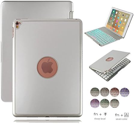 Dingrich iPad Pro 9.7 Keyboard Case, Hard Aluminum Smart Wireless Bluetooth Keyboard Cover with Rotating Adjustable Stand Function and 7 Color LED Backlit for Apple iPad Pro 9.7 Inch (Silver)