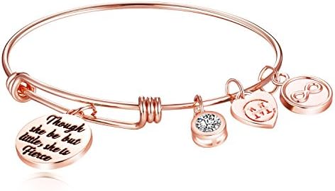 Inspirational Charm Bangle Bracelet Engraved "Though she be but little, she is fierce" Motto Jewelry Gifts for Womens, Girls, Graduates, Students, Daughters, Granddaughters