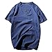 Produktbild Herren Leinenhemd Retro Kurzarm Hemd Sommerhemd V-Neck Freizeit Hemd Leinen T-Shirt Hemden Stehkragen Kurze Knopfleiste T-Shirts (XXXXL, Marine)