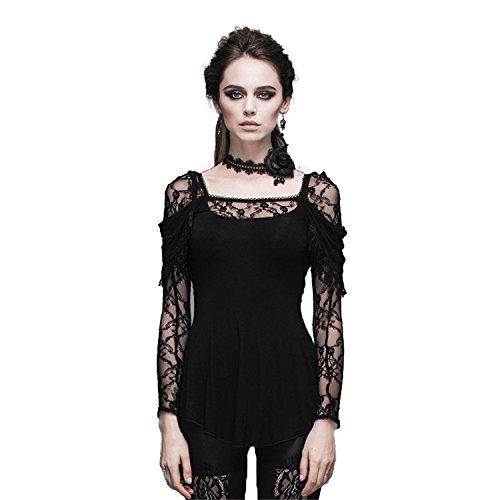 Devil Fashion Gothic Steampunk Women's Flocking Lace V-neck Long Sleeves Blouse Top T-shirt Cotton?Sexy Slim Fitting?Perspective T-shirt,3XL steampunk buy now online